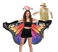 MADHOLLY Butterfly Wings Costumes Adults - 5Pcs Double Sided Couples Halloween Costumes for Women Men with Butterfly Cape Catcher Headband Hat Vest for Cosplay Party Gifts, Mixed Orange & Purple