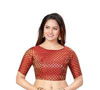 Madhu Fashion Women Brocade Elbow Length Sleeves Readymade Saree Blouse, Maroon, 34