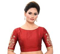 Madhu Fashion Women's Poly Raw Silk Readymade Saree Blouse with Embroidered Half Sleeves, Maroon, 34