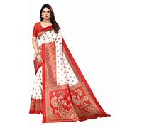 Madhumeena Women Art Silk Printed Saree With Unstitch Blouse Piece, White & Red, Free
