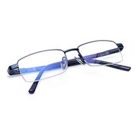 Madison Avenue Blue light Blocking Reading Glasses for Men, Half Frame Metal Readers with Spring Hinges, Anti Eyestrain UV Glare Computer Eyeglasses (Blue, +1.50 magnification)