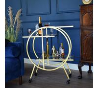 Madison & Mayfair Gold Art Deco Style Round Drinks Trolley With Two Shelves Set On Four Black Wheels