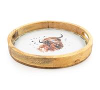 Madison & Mayfair Round Mango Wood Tray with Luxe Highland Cow Enamel Design in White Madison & Mayfair White