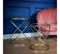 Madison & Mayfair Set Of 2 Gold Criss Cross Tables With Glass Top