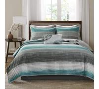 Madison Park All Season Cover, Decorative Pillow, Microfiber, Stripes Aqua Coverlet Biab 8pcs, Full (78 in x 86 in)