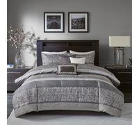 Madison Park All Season Down Alternative Bedding, Matching Bedskirt, Decorative Pillows, Polyester, Striped Grey/Taupe, California-King