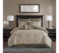 Madison Park All Season Down Alternative Bedding, Matching Shams, Bedskirt, Decorative Pillows, Jacquard, Tan/Ivory, Queen