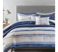 Madison Park All Season Down Alternative Bedding, Matching Shams, Decorative Pillows, Polyester, Marina Coastal Stripes Blue, Full/Queen