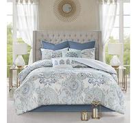 Madison Park All Season Set, Matching Bed Skirt, Decorative Pillows, Cotton, Isla, Floral Medallion Blue, Queen