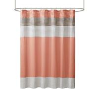 Madison Park Amherst Bathroom Shower Curtain Faux Silk Pieced Striped Modern Microfiber Bath Curtains, 72x72 Inches, Coral