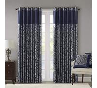 Madison Park Aubrey 2 Panel Curtain Faux Silk Paisley Jacquard, Rod Pocket Curtain For Living Room, Kitchen, Room Darkening Window Drape for Bedroom and Dorm, 2-PK 50x84, Navy