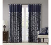 Madison Park Aubrey 2 Panel Curtain Faux Silk Paisley Jacquard, Rod Pocket Curtain for Living Room, Kitchen, Room Darkening Window Drape for Bedroom and Dorm, 2-PK 50x95, Navy