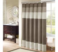 Madison Park Bathroom Shower Faux Silk Pieced Striped Modern Microfiber Bath Curtains, Polyester, Natural, 72" W x 72" L (Pack of 1)