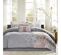 Madison Park Breathable, Soft Cover, Modern Print, All Season Down Alternative Cozy Bedding with Matching Shams, Cotton, Grey/Blush 7pcs, King