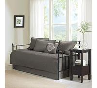 Madison Park Cotton Daybed Cover Set-Double Sided Quilting Classic Cottage Design All Season Bedding with Bedskirt, Matching Shams, Decorative Pillow, 75"x39", Quebec Dark Grey 6 Piece