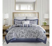 Madison Park Cozy Comforter Set, Faux Silk Jacquard Paisley Design, Polyester, Navy Biab 12pcs, Queen