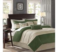 Madison Park Cozy Comforter Set-Luxury Faux Suede Design, Striped Accent, All Season Down Alternative Bedding, Matching Shams, Decorative Pillow, Green, California King (104 in x 92 in)