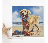 Madison Park Dog Wall Art, Funny Animal Canvas Wall Decor for Bedroom, Printed And Stretched On Wooden Frame, Ready To Hang, Ocean Waves, Nursery, Living Room D cor - Golden Retriever Beach Dogs