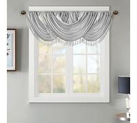 Madison Park Elena Faux Silk Watarfall with Tassel Trim Embelished Curtain Window Valance, Rod Pocket fits Up to 1.25" Diameter, Machine Washable, 38x46, Silver