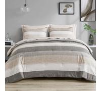 Madison Park Essentials Full Comforter Set, Bed in A Bag Comforter & Sheet Set, Modern Casual Stripes Print, All Seasons, Soft Microfiber Bedding Makeover, Matching Shams, Full Taupe/Grey 7 Piece