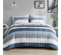 Madison Park Essentials Jaxon Twin Comforter Set, Bed In A Bag Comforter & Sheet Set, Modern Casual Stripes Print, All Seasons, Soft Microfiber Bedding Makeover, Matching Sham, Twin, Blue/Grey 5 Piece