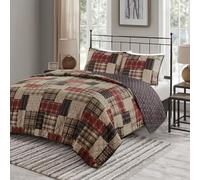 Madison Park Essentials Queen Quilt Set Patchwork Farmhouse, Diamond Quilting Reversible Coverlet Set for Queen Size Bed, Plush Cotton Filled Quilt Set Queen Size, Shams Full/Queen Red/Black 3 Piece