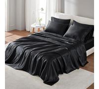 Madison Park Essentials Satin Sheet Set Luxury and Silky with Natural Sheen, Elastic 14" Pocket fits up to 16" Mattress, All Around Elastic - Year-Round Bedding, Cal King, Black, 6 Piece