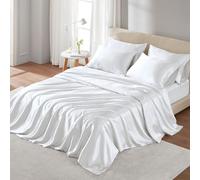 Madison Park Essentials Satin Sheet Set Luxury and Silky with Natural Sheen, Premium 16" Deep Pocket, All Around Elastic - Year-Round Bedding, Queen, White, 6 Piece