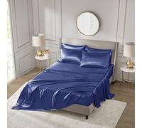 Madison Park Essentials Satin Sheet Set Luxury and Silky with Natural Sheen, Premium 16" Deep Pocket, All Around Elastic - Year-Round Bedding, Queen, Navy, 6 Piece
