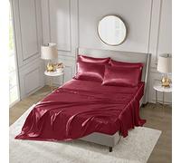 Madison Park Essentials Satin Sheet Set Luxury and Silky with Natural Sheen, Premium 16" Deep Pocket, All Around Elastic - Year-Round Bedding, Queen, Red, 6 Piece