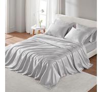 Madison Park Essentials Satin Sheet Set Luxury and Silky with Natural Sheen, Premium 16" Deep Pocket, All Around Elastic - Year-Round Bedding, Queen, Light Grey, 6 Piece