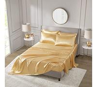 Madison Park Essentials Satin Sheet Set Luxury and Silky with Natural Sheen, Premium 16" Deep Pocket, All Around Elastic - Year-Round Bedding, Full, Gold, 6 Piece
