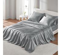 Madison Park Essentials Satin Sheet Set Luxury and Silky with Natural Sheen, Premium 16" Deep Pocket, All Around Elastic - Year-Round Bedding, King, Grey, 6 Piece