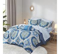 Madison Park Essentials Serenity Bed in a Bag Comforter Set, Medallion Damask Design, All Season Bedding with Cotton Sheet Set, Bedskirt, Cal King(104"x92"), Blue 9 Piece