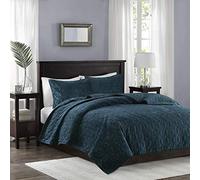 Madison Park Harper Quilt Set Velvet Casual Geometric Stitching Design All Season, Lightweight Coverlet, Cozy Bedding, Matching Shams, King/Cal King(104"x94"), Teal 3 Piece