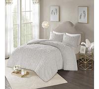 Madison Park Laetitia 100% Cotton Duvet Set-Chenille Tufted Locket Design All Season Cozy Bedding Shabby Chic Duvet Matching Shams, Full/Queen (90"x90"), Floral Grey