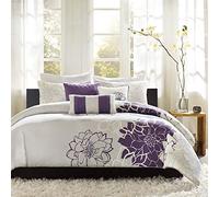 Madison Park Lola 100% Cotton Duvet Set Beautiful Floral Pattern, Ruffle Border Design All Season, Breathable Comforter Cover Bedding, Matching Shams, Full/Queen(90"x90"), Purple/Grey 6 Piece