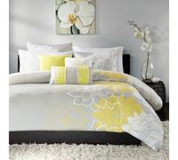 Madison Park Lola 100% Cotton Duvet Set Beautiful Floral Pattern, Ruffle Border Design All Season, Breathable Comforter Cover Bedding, Matching Shams, King/Cal King(104"x92"), Yellow/Grey 6 Piece