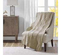 Madison Park Luxe Quilted Throw Blanket - Damask Stitching Design, Cotton Filled Spread, Ultra Soft, Cozy Bedding for Living Room Couch, Sofa, Bed, 60x72, Scalloped Borders Khaki