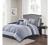 Madison Park Luxury Comforter Set-Traditional Jacquard Design All Season Down Alternative Bedding, Matching Bedskirt, Decorative Pillows, King(104"x92"), Bennett, Geometric Navy 7 Piece