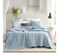 Madison Park Quilt Set Damask Medallion Quilting with Scallop Edge, Cottage Coverlet for Queen Size Bed, All Seasons, Lightweight Cotton Coverlet Bedspread, Shams, Tuscany, Full/Queen Blue 3 Piece