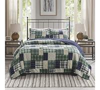 Madison Park Reversible Quilt Cabin Lifestyle Plaid Design - All Season, Breathable Coverlet Bedspread Bedding Set, Matching Shams, Full/Queen(90"x90"), Green/Navy 3 Piece