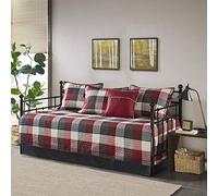 Madison Park Ridge 6 Piece Daybed Cover Casual, Reversible to Solid, Embroidered Toss Pillow Modern Double Sided Quilting All Season Bedding Set, Matching Shams and Bedskirt, 75"x39", Plaid Red