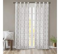Madison Park Saratoga Single Window Curtain Light Filtering Fretwork Print 1 Panel Grommet Top Drape for Living Room Bedroom and Dorm, 50x108, Ivory/Grey