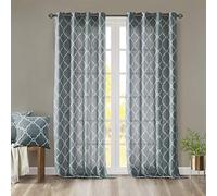 Madison Park Saratoga Single Window Curtain Light Filtering Fretwork Print 1 Panel Grommet Top Drape for Living Room Bedroom and Dorm, 50x108, Blue/White