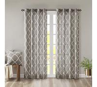 Madison Park Saratoga Single Window Curtain Light Filtering Fretwork Print 1 Panel Grommet Top Drape for Living Room Bedroom and Dorm, 50x84, Grey/White