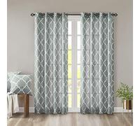 Madison Park Saratoga Single Window Curtain Light Filtering Fretwork Print 1 Panel Grommet Top Drape for Living Room Bedroom and Dorm, 50x84, Seafoam/White