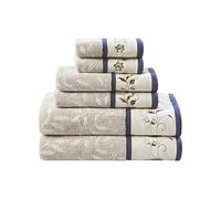 Madison Park Serene 100% Cotton Bath Towel Set Luxurious Floral Embroidered Cotton Jacquard Design, Soft and Highly Absorbent for Shower, Multi-Sizes, Navy, 6 Piece