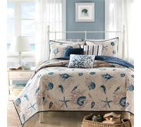 Madison Park Set Cottage Coastal Design, Starfish Print, Polyester, Bayside, Blue/Ivory, King Quilt