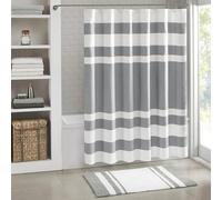 Madison Park Shower Curtain Waffle Weave Striped Pieced Design Fabric Shower Curtains for Bathroom with 3M Scotchgard Moisture Management Premium Spa Quality Modern Standard 72"x72" Grey